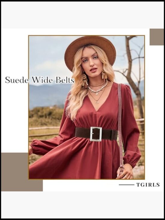 Wide Suede Leather Belt for Dresses, Thick Retro Style with Silver Buckle main image 4